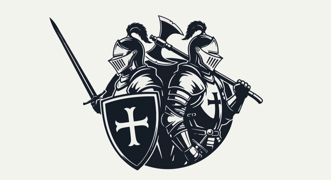 Two armored knights with swords, shields, and axes