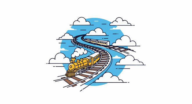 Two cartoon trains on winding tracks amid clouds and blue sky