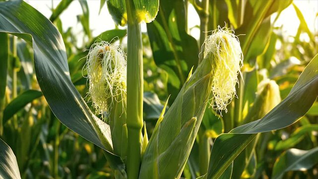 Close Up Corn Field in the Farm with Sunlight and Freshness, Green Leaf on the Background and Details of Corn on Sunny