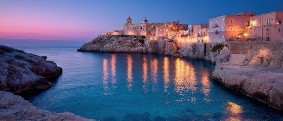 Fototapeta premium Coastal town at dusk with warm lights reflecting on calm blue sea and rocky shoreline under a colorful twilight sky