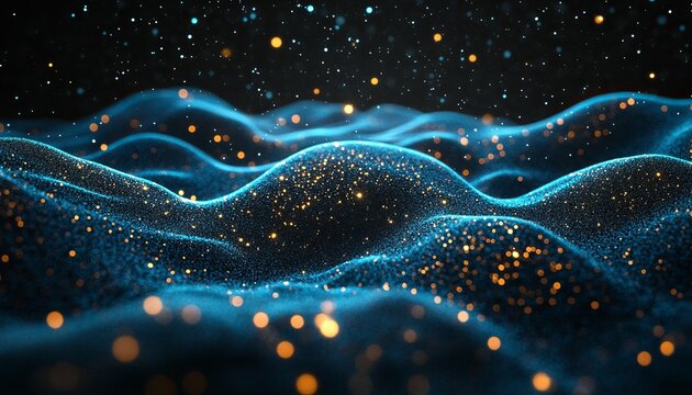 Abstract blue luminous surface waving with shimmering particles, highlighting elegant technology