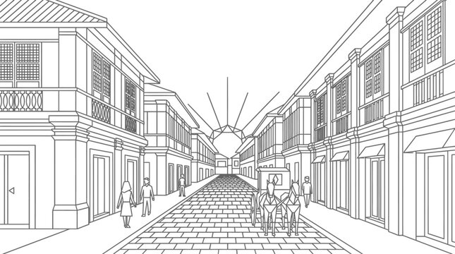 Black and White Perspective Drawing of Historic Street