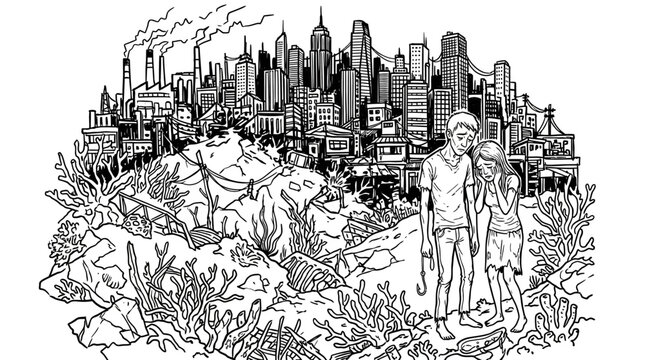 Post-Apocalyptic Cityscape with Couple and Bleak Landscape