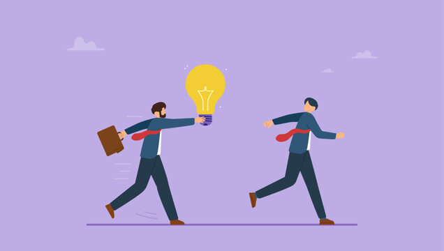 Businessman passing the lighbulb idea to another person. Passing a job, task, and idea to colleague to continue working on it concept.
