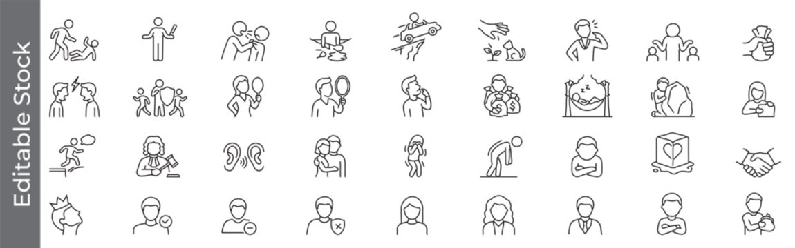 Negative characters and bad personality related icon set &ndash; editable outline symbols of anger, greed, jealousy, arrogance, selfishness and dishonesty