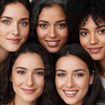 A diverse group of women with different skin tones and hairstyles smiling together
