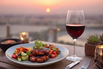 Obraz premium Grilled chicken and fresh salad with a glass of red wine on an outdoor table at sunset