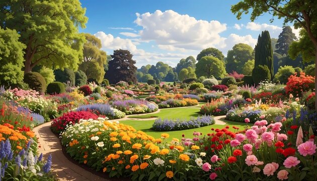 A vibrant garden with diverse flowers and trees under a bright blue sky