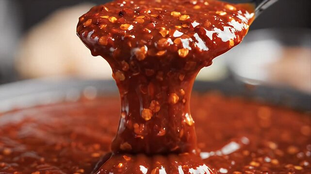 Close Up Macro Shot Of Spicy Chili Oil Sauce Drizzling From A Spoon Showing Texture And Seed Details Macro Food