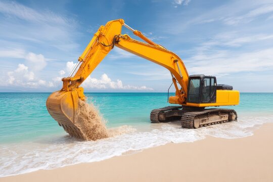 Yellow excavator digging sand on a tropical beach with turquoise sea and blue sky in the background