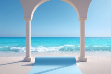 Fototapeta premium Elegant archway with classical columns framing a serene turquoise ocean and sandy beach under a clear blue sky