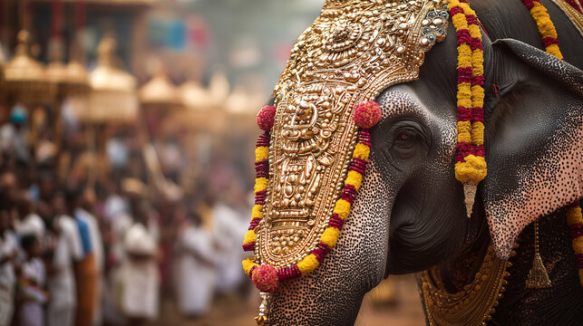 Decorated Festival Elephant at Thrissur Pooram Procession.