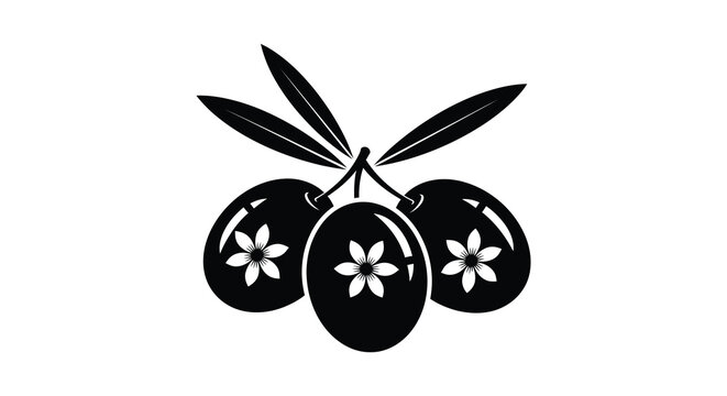 A striking black and white illustration displays three olives adorned with floral patterns presenting a bold silhouette