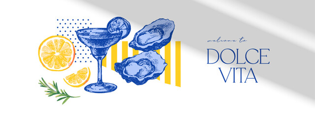 Naklejka premium Vintage summer Italy Mediterranean coastal poster. Italian food and drink design. Hand drawn vector illustration. Amalfi sketch and watercolor beach vacation collage banner