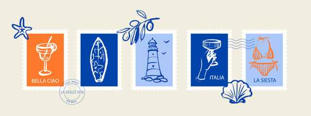 Vintage summer Italian Mediterranean coastal postage stamp set. Hand drawn vector illustration. Amalfi crayon sketch beach vacation design. © pim