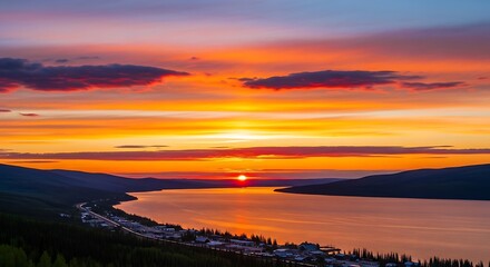 Fototapeta premium A sunset over a body of water with a mountain range