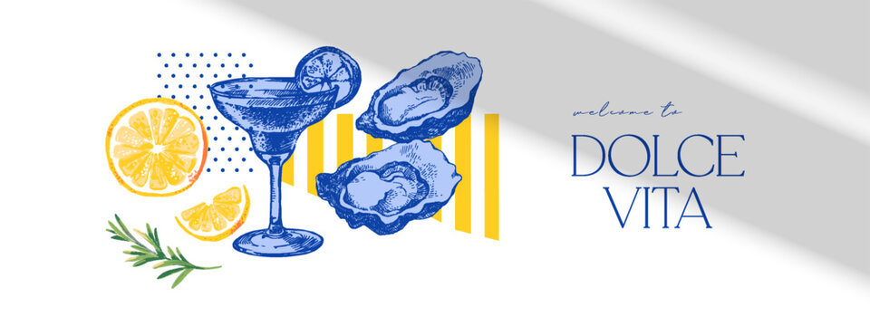 Vintage summer Italy Mediterranean coastal poster. Italian food and drink design. Hand drawn vector illustration. Amalfi sketch and watercolor beach vacation collage banner