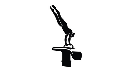 A dynamic black silhouette depicts a female gymnast performing a handstand on a vaulting horse silhouette high quality © jivect02
