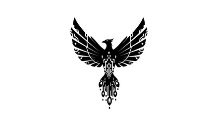 Obraz premium a black and white bird with wings spread.