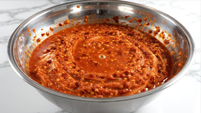 Close up of a large stainless steel bowl filled with a vibrant, textured red chili paste mixture, featuring visible