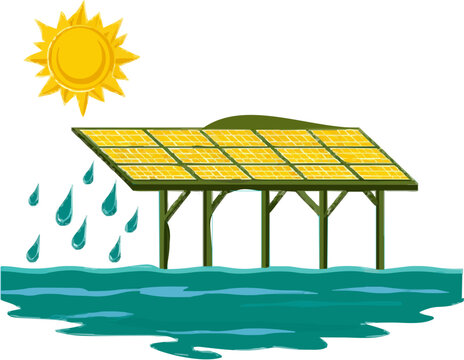 A minimalist 2D graphic of a solar-powered desalinization plant transforms sea water into fresh drops under a bright sun, emphasizing water security with muted navy and teal hues