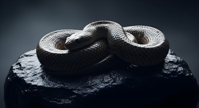 A highly detailed snake sitting coiled on a large black stone.


 