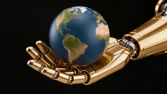 Close up the world 3D is on the golden robot hand , black background , futuristic image.