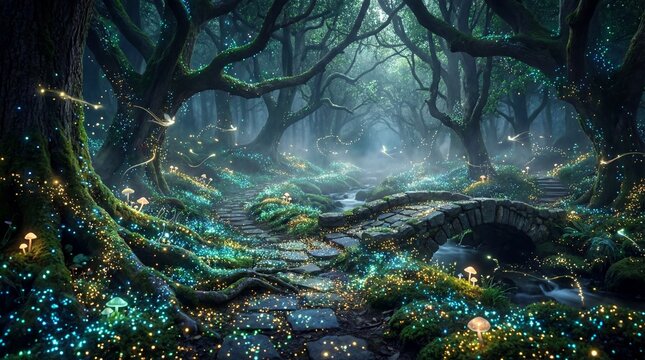 Fairy path through meadows and summer castles concept. Mystical forest with glowing plants and an enchanting atmosphere.