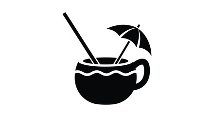 A striking black silhouette depicts a tropical cocktail in a coconut shell with a parasol silhouette high quality © jivect02