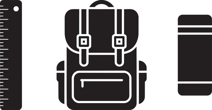 Backpack, ruler, and thermos illustration with clean lines and geometric shapes