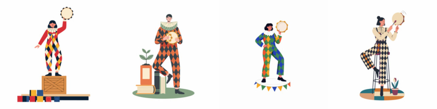 Set of illustrations featuring performers in colorful harlequin costumes playing tambourines in various poses, perfect for carnival or theatrical themes.