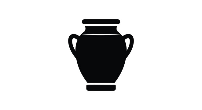 A simple black silhouette depicts an ancient greek amphora with handles and a distinct shape silhouette high quality