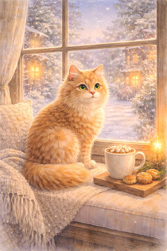Fluffy Ginger Cat Sitting on a Window Seat with Hot Cocoa and Cookies, Cozy Winter Snow Scene, Watercolor Illustration