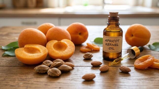 Apricot Kernel Oil with Fresh Apricots Apricot Apricot Kernel Oil Fresh Fruit Healthy Oil Natural Ingredients Almonds Food Photography. Concept featuring apricot, apricot kernel oil, fresh fruit, h...