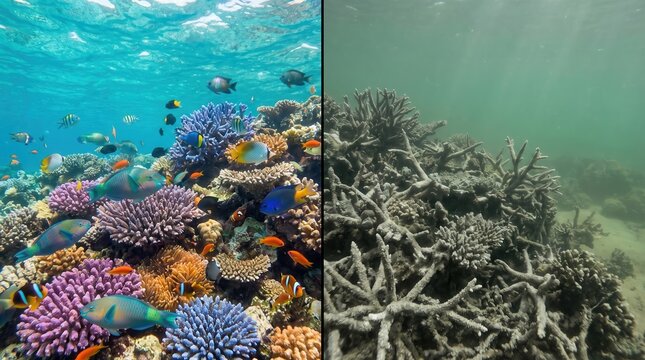Healthy coral reef and dead coral comparison underwater split screen
