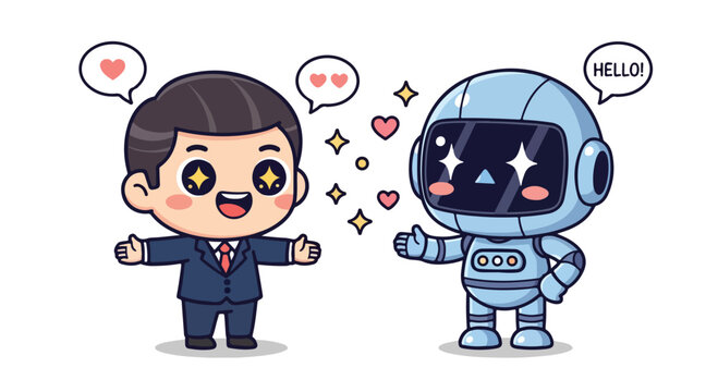 Cute cartoon businessman and friendly robot character exchanging greetings and showing friendship in a playful style