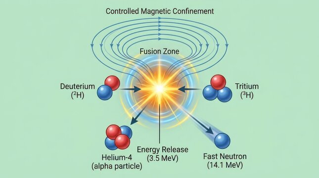 Nuclear Fusion Process Diagram Nuclear Fusion Deuterium Tritium Helium-4 Energy Release Fast Neutron Controlled Magnetic Confinement. Concept featuring nuclear fusion, deuterium, tritium, helium-4,...