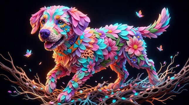 Colorful Floral Dog Illustration Dog Floral Colorful Artistic Flowers Whimsical Nature. Concept featuring dog, floral, colorful, artistic, flowers for professional commercial design.
