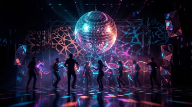 Vibrant Dance Floor with Disco Ball Dance Disco Ball Party Nightclub Music Celebration Lights. Concept featuring dance, disco ball, party, nightclub, music for professional commercial design.