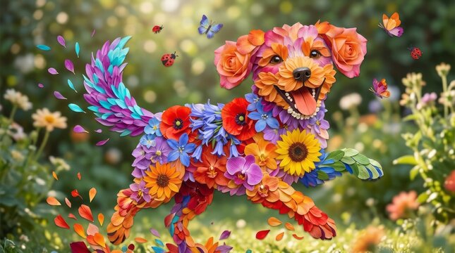 Colorful Floral Dog in a Garden Dog Flowers Garden Colorful Art Nature Pet. Concept featuring dog, flowers, garden, colorful, art for professional commercial design.