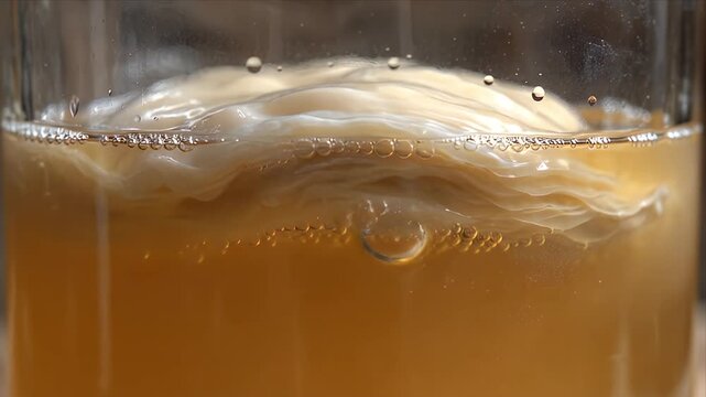 Close-up of a SCOBY Floating in Amber Liquid During Fermentation Process in a Glass Jar, Bubbles Rising with Clear