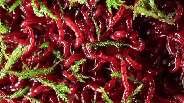 Red bloodworm, background. Bait for winter fishing. Background of bait for winter fishing.bunch of small red mosquito larvae bloodworm.Macro
