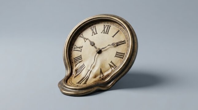 Surreal Melting Clock on Gray Background Melting Clock Surrealism Time Clock Art Vintage Home Decor. Concept featuring melting clock, surrealism, time, clock, art for professional commercial design.