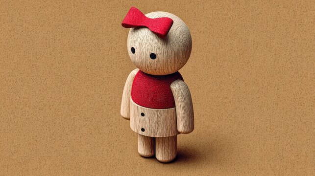 Wooden doll with bow, red outfit, on tan backdrop