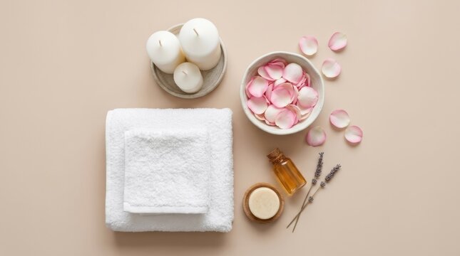 Spa Essentials with Candles and Petals Spa Relaxation Candles Rose Petals Essential Oils Towels Wellness. Concept featuring spa, relaxation, candles, rose petals, essential oils for professional co...