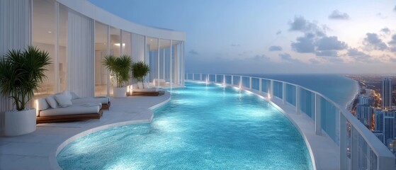 Obraz premium Luxury rooftop infinity pool overlooking coastal city skyline at sunset with modern loungers and palm plants
