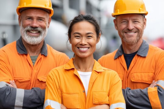 Smiling industrial workers in orange uniforms and hard hats standing together at a worksite