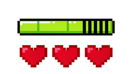 Pixelated green battery bar and three red hearts, isolated on transparent background © Miguel