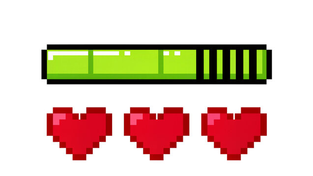Pixelated green battery bar and three red hearts, isolated on transparent background