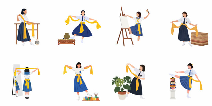 Flat Illustration Set of Indonesian Schoolgirl Engaged in Traditional Arts, Dance, and Painting to Celebrate Cultural Heritage.